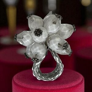 Silver White Beaded Flower Ring Adjustable One Size Fits Any Jewelry
